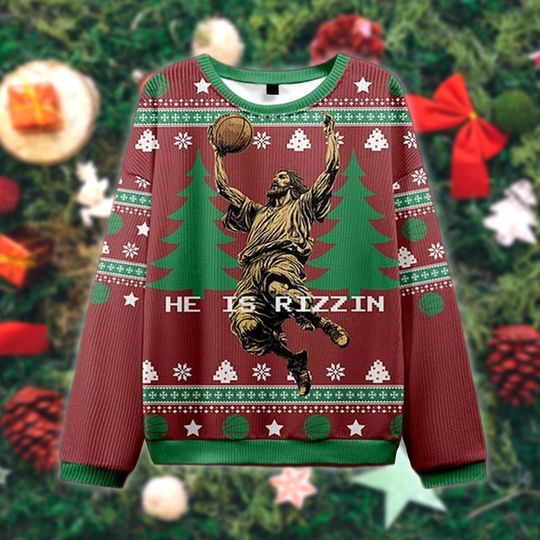 Funny Basketball Christmas Sweater, He Is Rizzin Holiday Sweatshirt, Ugly Xmas Sweater for Men Women, Cool Religious Gift Idea