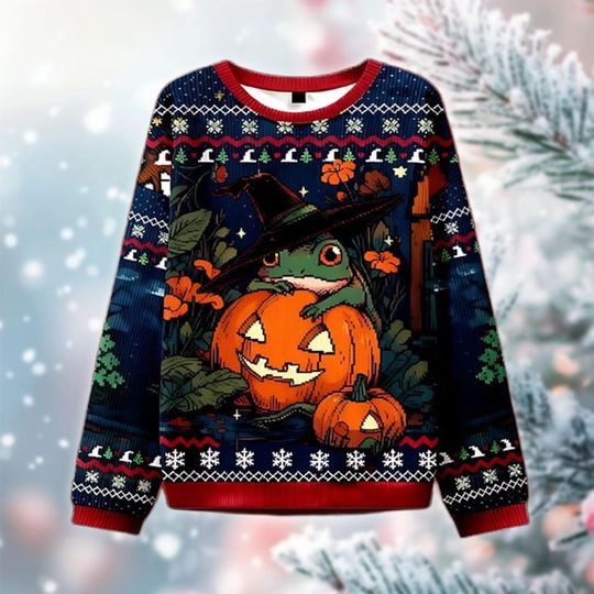 Cute Frog Pumpkin Sweater, Witch Frog Halloween Christmas Sweatshirt, Funny Holiday Ugly Sweater, Cozy Gift for Frog Lovers