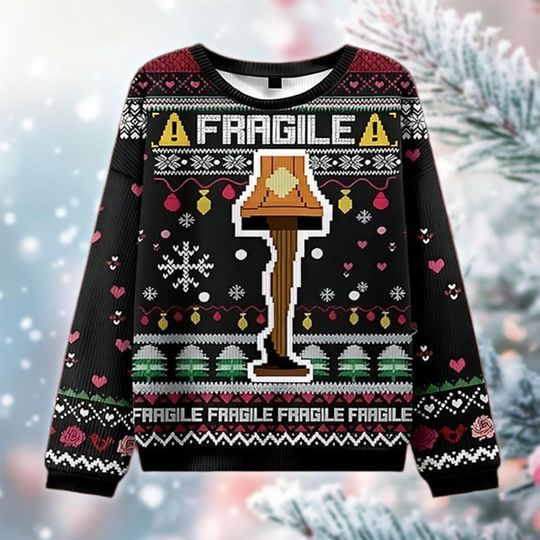 Discover Funny FRAGILE Christmas Sweater, Retro Leg Lamp Holiday Sweatshirt, Ugly Xmas Sweater Gift for Him Her, Funny Holiday Outfit
