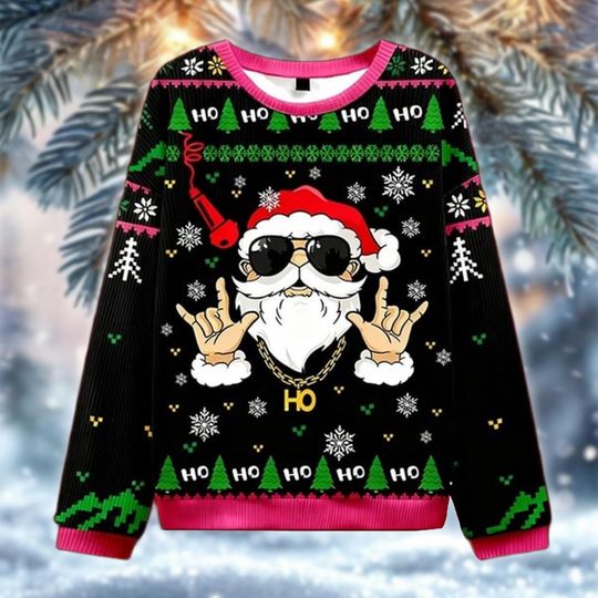 Discover Cool Santa Christmas Sweater, Funny Hip Hop Santa Ugly Xmas Sweatshirt, Holiday Party Outfit Gift for Men and Women