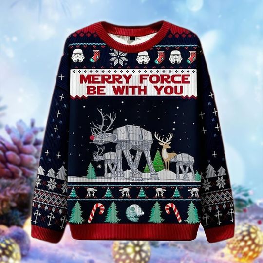 Discover Merry Force Be With You Sci-Fi Christmas Sweater, Funny Sci-Fi Ugly Xmas Sweatshirt, Holiday Gift for Fans