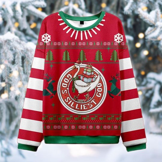 Funny Gods Silliest Goose Christmas Sweater, Red and White Ugly Xmas Sweatshirt, Hilarious Holiday Gift for Men and Women