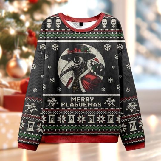 Funny Plague Doctor Xmas Jumper, Gothic Merry Plaguemas Pullover, Creepy Dark Christmas Sweater, Unique Holiday Gift