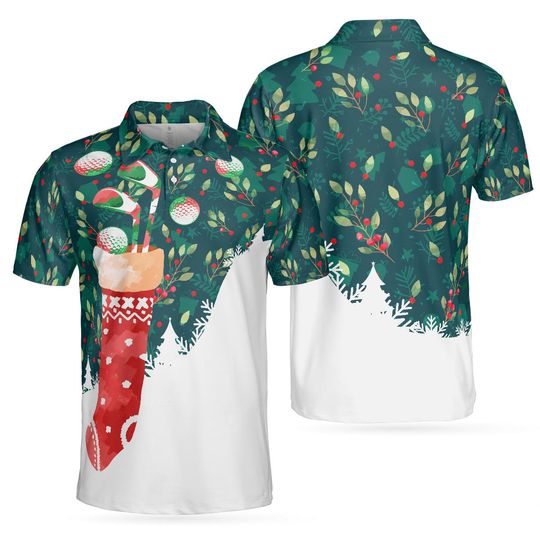 Christmas Golf Polo Shirt, Holiday Stocking All-Over Print, Evergreen Berry Design, Xmas Gift for Golfer, Winter Tournament Tee, Festive
