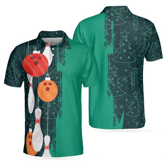Discover Christmas Bowling Polo Shirt, Green Plaid All-Over Print, Holiday Lane Tee, Bowling Pin Ornament Design, Ugly Sweater Style, Bowler Gift