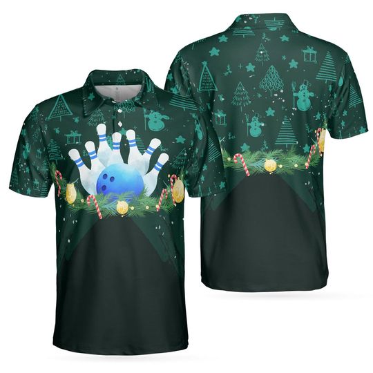 Christmas Bowling Polo Shirt, Tree Design, All-Over Print, Holiday Lane Tee, Bowling Pin Wreath Ornament, Xmas Bowler Gift, Tournament