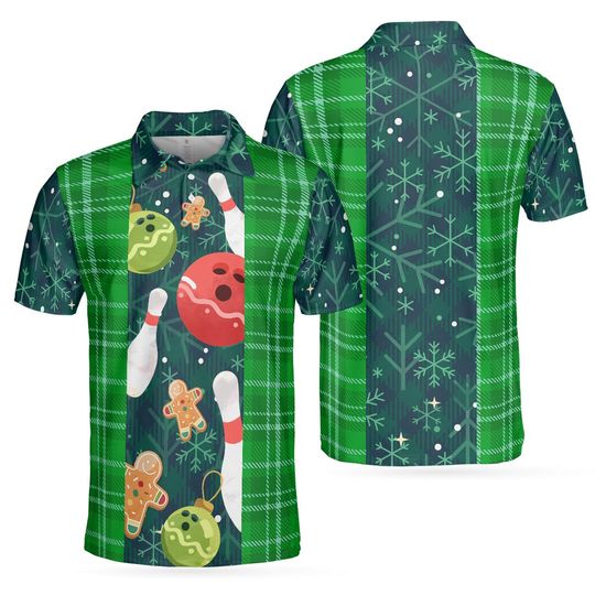 Discover Christmas Bowling Polo Shirt, Green Plaid All-Over Print, Gingerbread Man, Holiday Lane Tee, Ugly Sweater Style, Xmas Bowler Gift