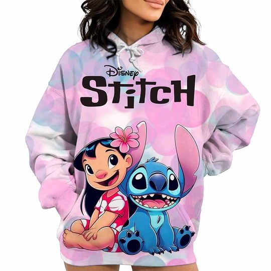 Discover Autumn/Winter Disney Lilo&Stitch Women's Hoodie Cute Cartoon Print Gradient Large Long Sleeve Warm Hoodie Suitable for Women