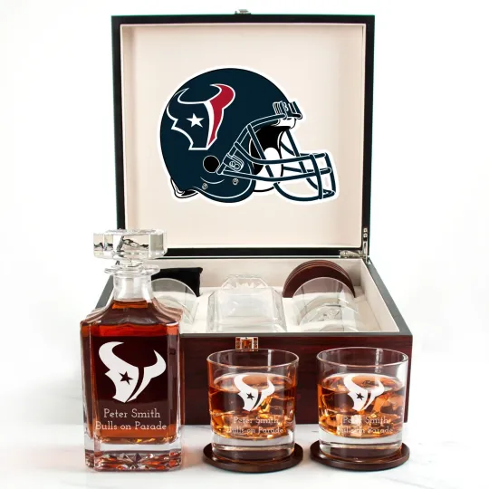 Discover Houston Texans - Engraved Football Whiskey Decanter and 4 Glasses In Woodbox