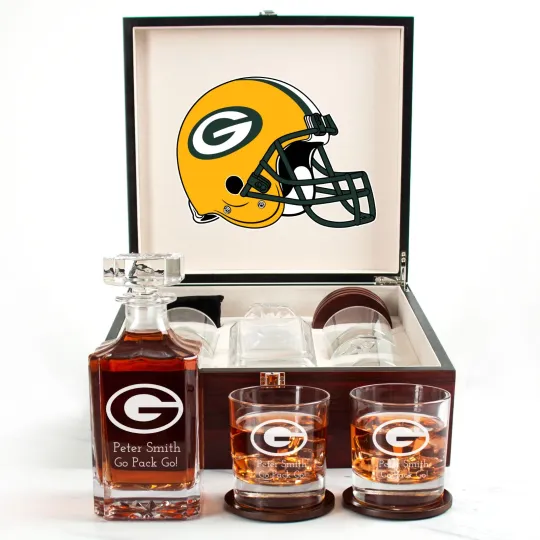 Discover Greenbay Packers - Engraved Football Whiskey Decanter and 4 Glasses In Woodbox