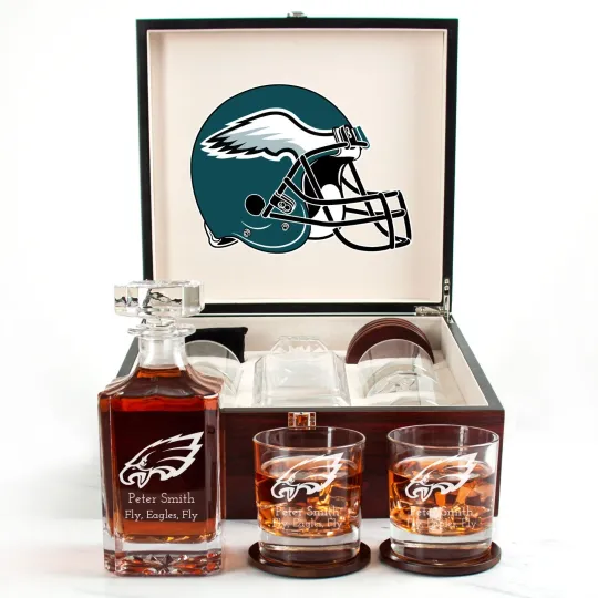 Discover Philadelphia Eagles Engraved Football Whiskey Decanter and 4 Glasses In Woodbox
