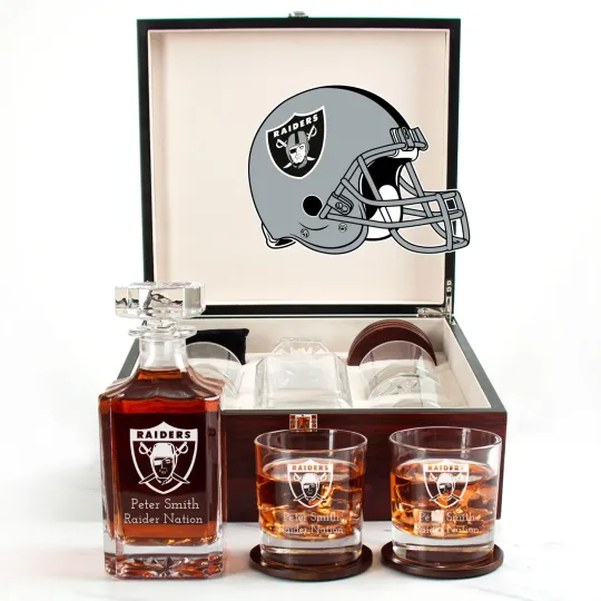 Discover Las Vegas Raiders - Engraved Football Whiskey Decanter and 4 Glasses In Woodbox