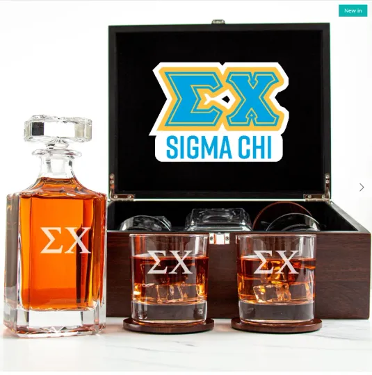 Discover Sigma Chi - Fraternity Decanter and 2 Glasses In Wood Box Set