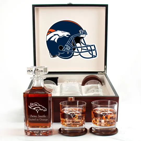 Discover Denver Broncos - Engraved Football Whiskey Decanter and 4 Glasses In Woodbox