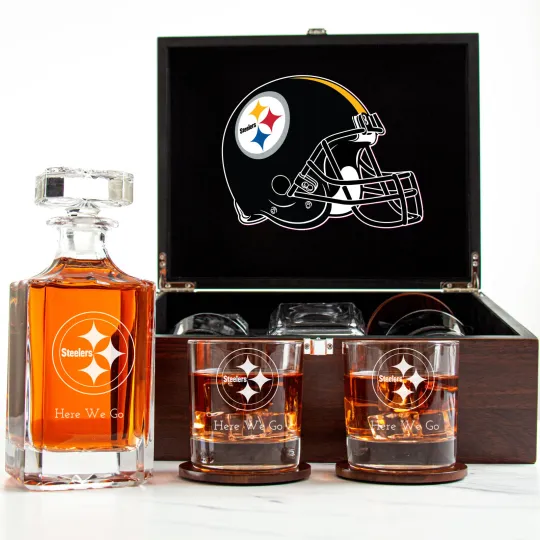 Discover Pittsburgh Steeler - Engraved Football Whiskey Decanter 2 Glasses In Wood Box