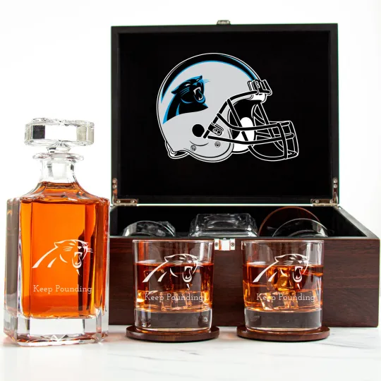 Discover Carolina Panthers - Engraved Football Whiskey Decanter and 2 Glasses In Wood Box