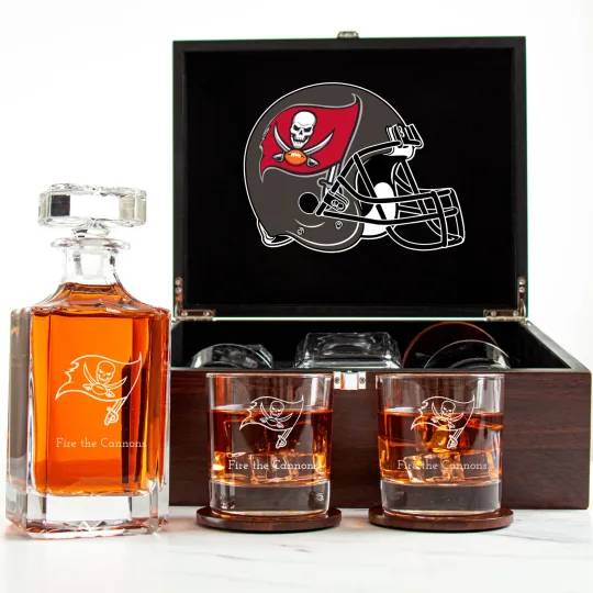 Discover Tampa Bay Buccaneers - Engraved Football Whiskey Decanter 2 Glasses In Wood Box
