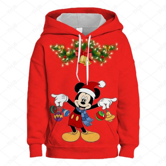 Discover Cute Cartoon Disney Merry Christmas Mickey And Minnie Mouse Series Pattern Hoodie, Comfortable Warm Lined Pullover