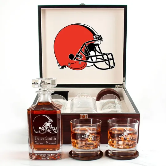 Discover Cleveland Browns - Engraved Football Whiskey Decanter and 4 Glasses In Woodbox