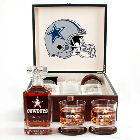 Discover Dallas Cowboys - Engraved Football Whiskey Decanter and 4 Glasses In Woodbox