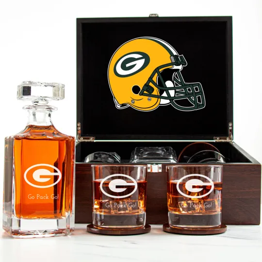 Discover Green Bay Packers - Engraved Football Whiskey Decanter and 2 Glasses In Wood Box