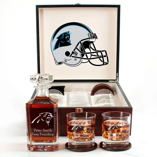 Discover Carolina Panthers - Engraved Football Whiskey Decanter and 4 Glasses In Woodbox