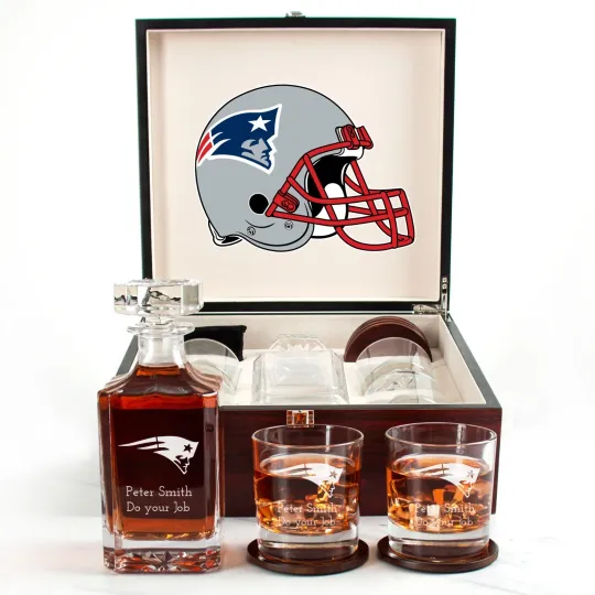 Discover New England Patriots Engraved Football Whiskey Decanter and 4 Glasses In Woodbox