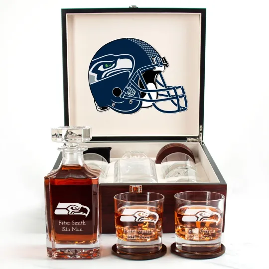 Discover Seattle Seahawks - Engraved Football Whiskey Decanter and 4 Glasses In Woodbox