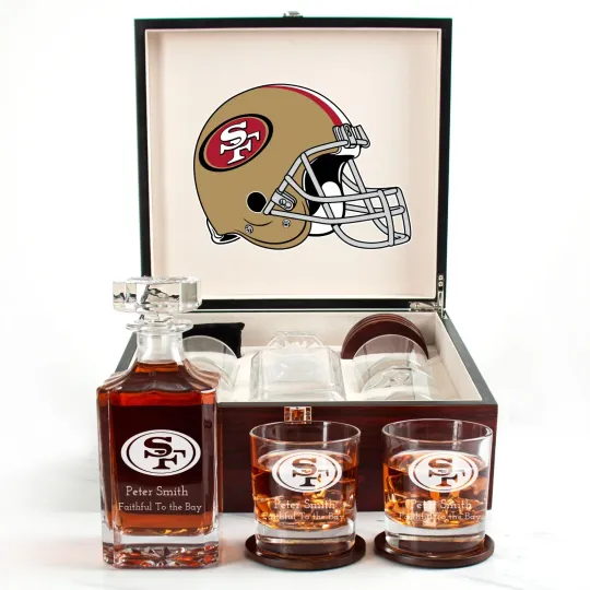 Discover San Francisco 49ers Engraved Football Whiskey Decanter and 4 Glasses In Woodbox