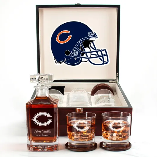 Discover Chicago Bears - Engraved Football Whiskey Decanter and 4 Glasses In Woodbox