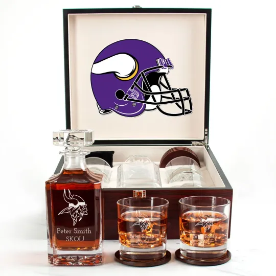 Discover Minnesota Vikings - Engraved Football Whiskey Decanter and 4 Glasses In Woodbox