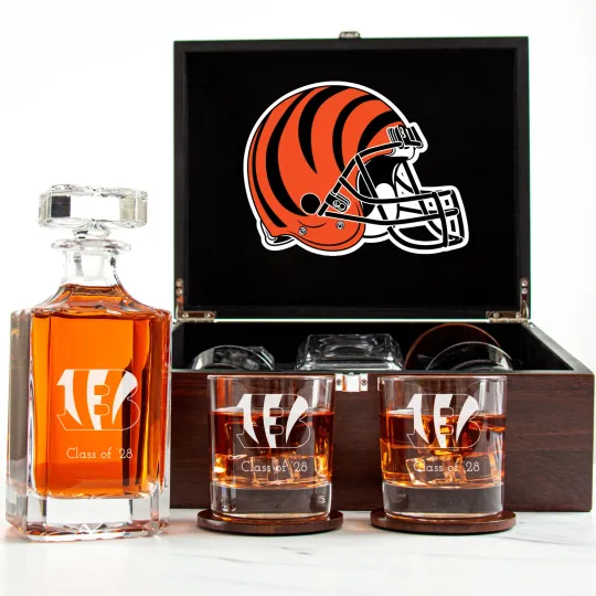 Discover Cincinnati Bengal - Engraved Football Whiskey Decanter and 2 Glasses In Wood Box