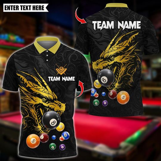 Discover Personalized Name Billiards Polo Shirt, Dragon Billiard 8 Ball Pool Design, Custom Team Shirt for Men, Gift for Billiards Players