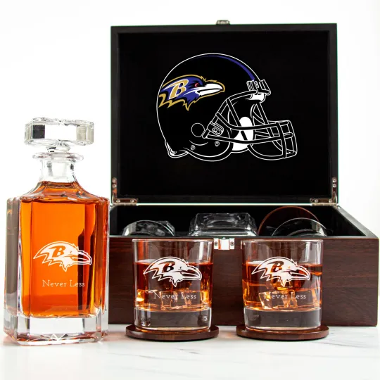 Discover Baltimore Ravens - Engraved Football Whiskey Decanter and 2 Glasses In Wood Box