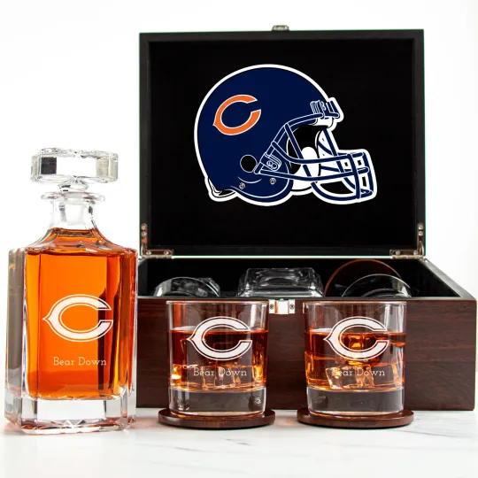 Discover Chicago Bears - Engraved Football Whiskey Decanter and 2 Glasses In Wood Box