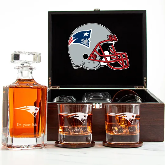 Discover New England Patriots - Engraved Football Whiskey Decanter 2 Glasses In Wood Box