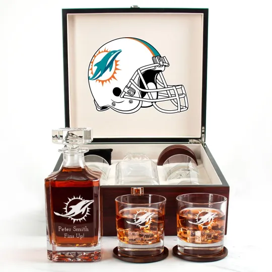 Discover Miami Dolphins - Engraved Football Whiskey Decanter and 4 Glasses In Woodbox