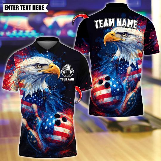 Custom Bowling Polo Shirt, American Flag Eagle Bowling Design, Personalized Bowling Polo for Men Women, Personalized Name Team 3D Shirt
