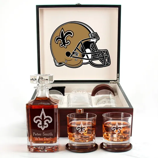 Discover New Orleans Saints - Engraved Football Whiskey Decanter and 4 Glasses In Woodbox