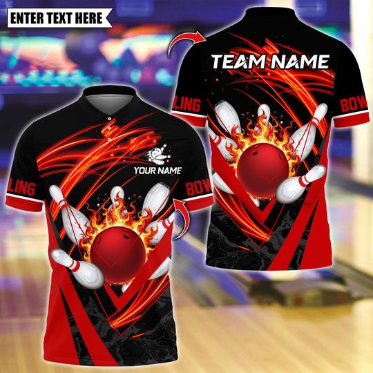 Discover Custom Bowling Polo Shirt, Flame Strike Bowling Design, Personalized Bowling Polo for Men Women, Personalized Name Team 3D Shirt