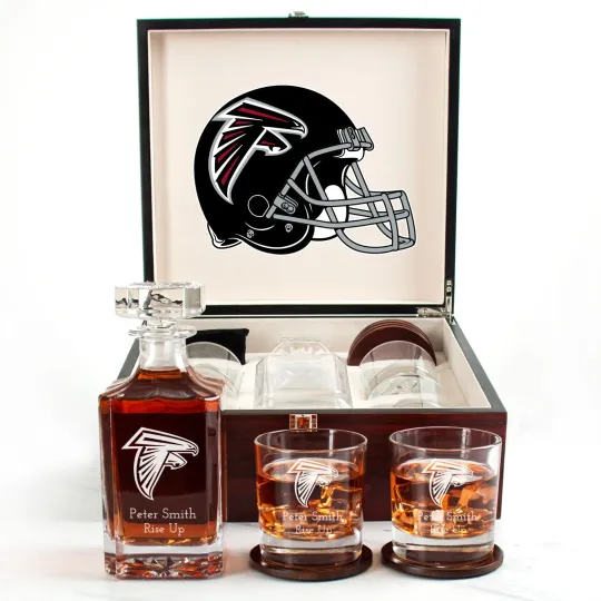 Discover Atlanta Falcons - Engraved Football Whiskey Decanter and 4 Glasses In Woodbox