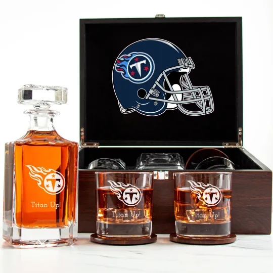 Discover Tennessee Titans - Engraved Football Whiskey Decanter 2 Glasses In Wood Box