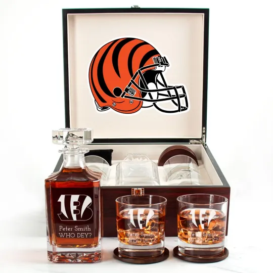 Discover Cincinnati Bengals - Engraved Football Whiskey Decanter and 4 Glasses In Woodbox