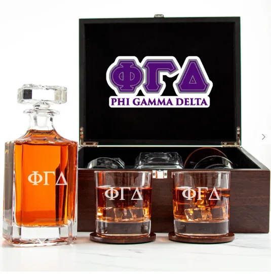 Discover Phi Gamma Delta - Fraternity Decanter and 2 Glasses In Wood Box Set