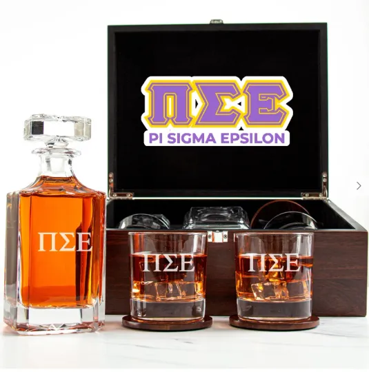 Discover Pi Sigma Epsilon - Fraternity Decanter and 2 Glasses In Wood Box Set