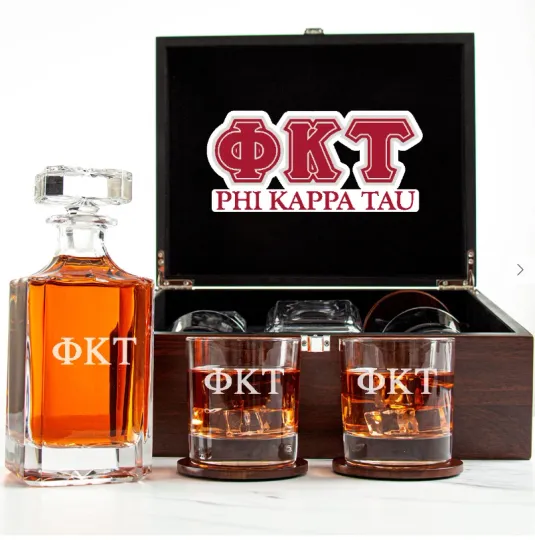 Discover Phi Kappa Tau - Fraternity Decanter and 2 Glasses In Wood Box Set