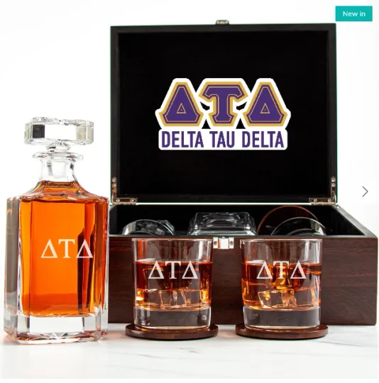 Discover Delta Tau Delta - Fraternity Decanter and 2 Glasses In Wood Box Set