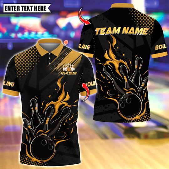 Discover Custom Bowling Polo Shirt, Flame Bowling Design, Personalized Bowling Polo for Men Women, Personalized Name Team 3D Shirt
