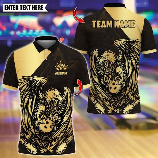 Discover Custom Bowling Polo Shirt, Golden Eagle Roar Bowling Design, Personalized Bowling Polo for Men Women, Personalized Name Team 3D Shirt