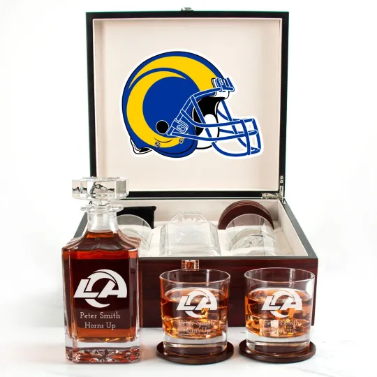Discover Los Angeles Rams - Engraved Football Whiskey Decanter and 4 Glasses In Woodbox